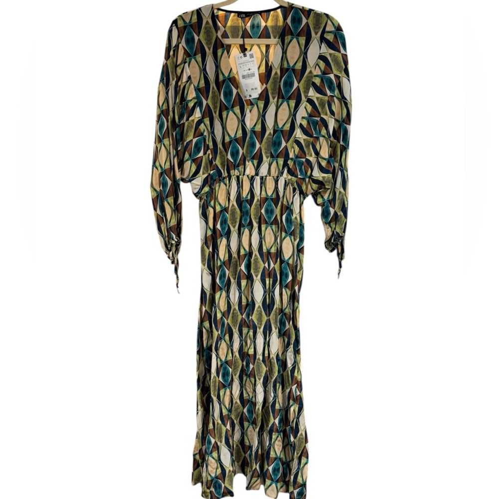 Zara Multicolor Geometric Maxi Dress in Teal, Navy & Cream - Picture 3 of 7